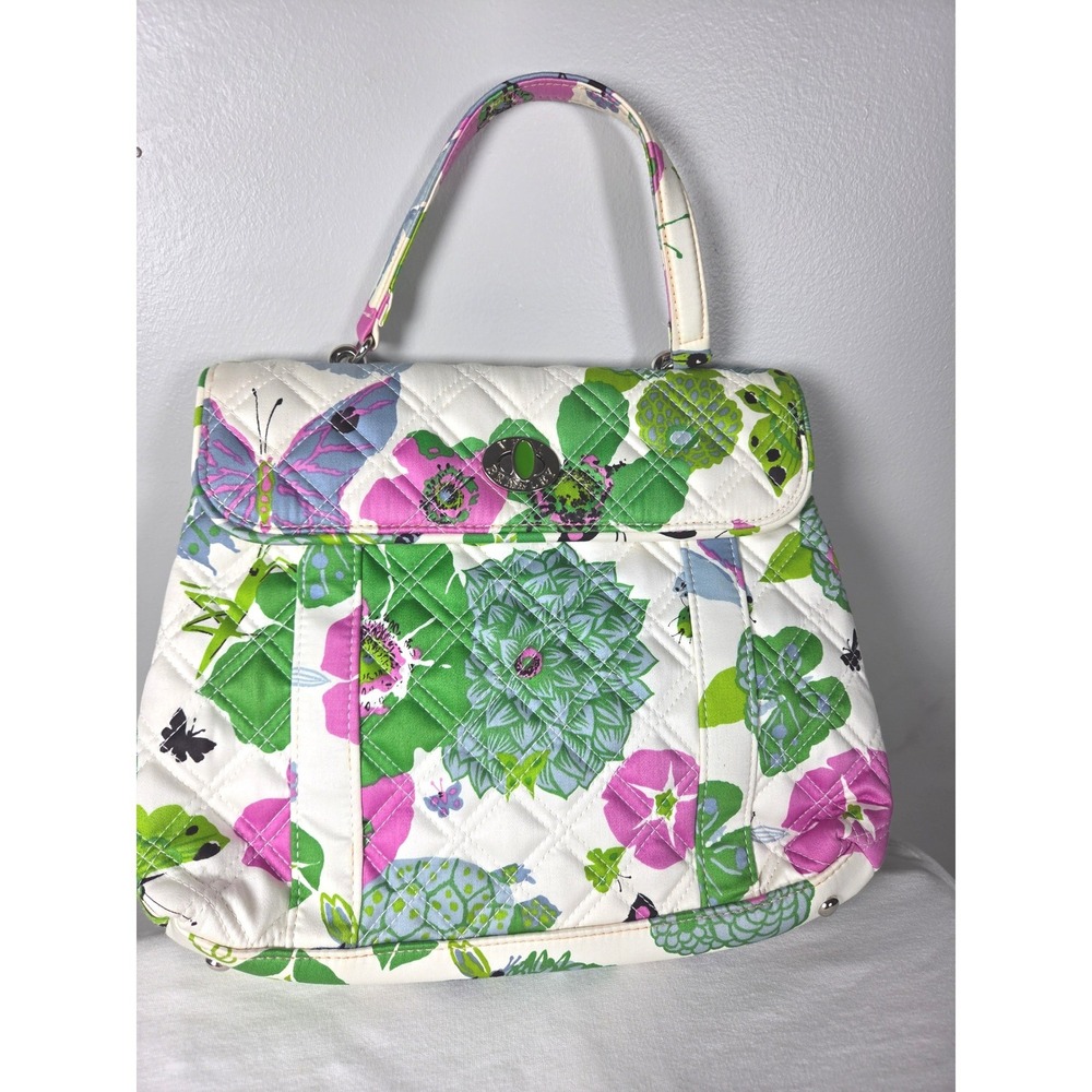 Vera Bradley English Garden Quilted Satchel Handbag Floral Butterfly Turnlock